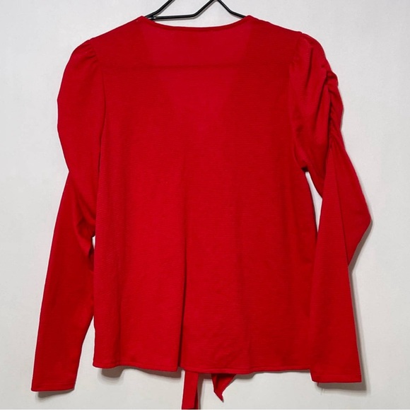 MICHAEL Kors Blouse Women's Medium Red Tie Front Long Puffed Sleeve Shirt Top - Picture 2 of 5